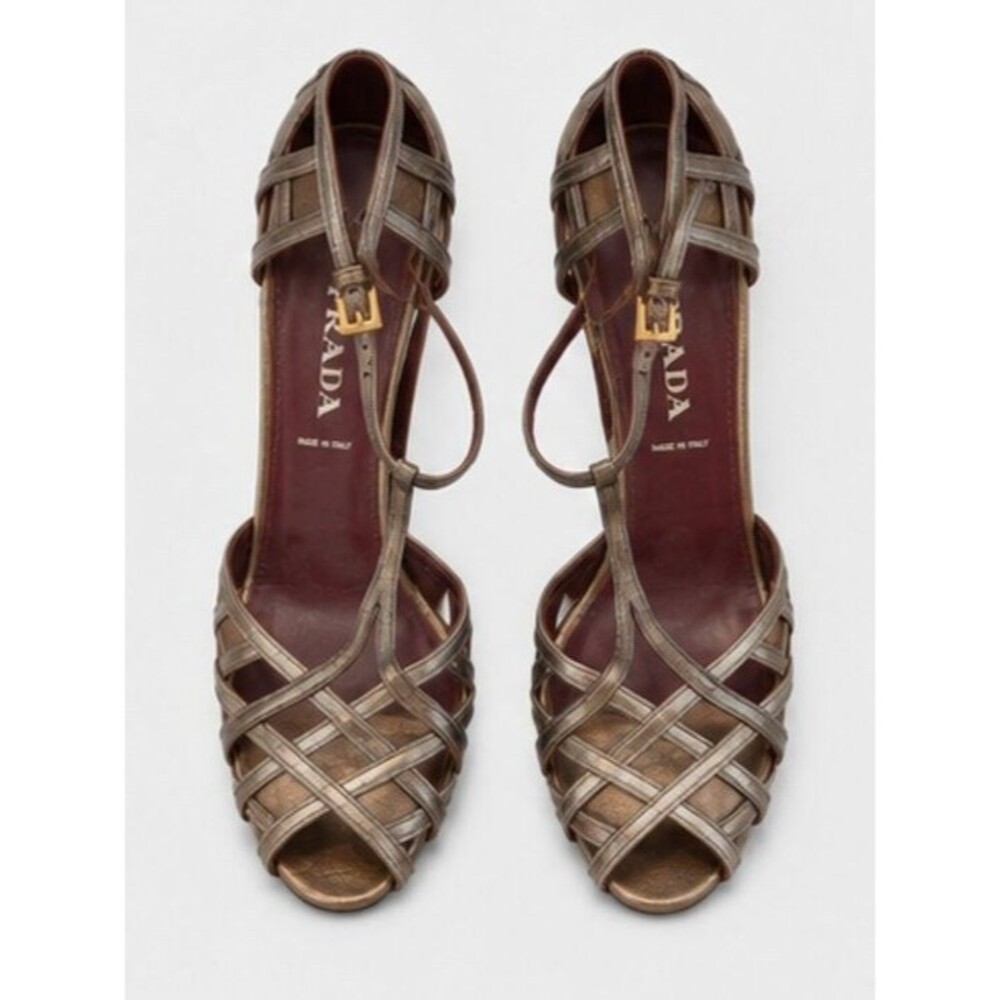 Auth Prada Vintage Metallic Bronze Caged Strappy Sandals T-Strap Heels 37.5 US 7